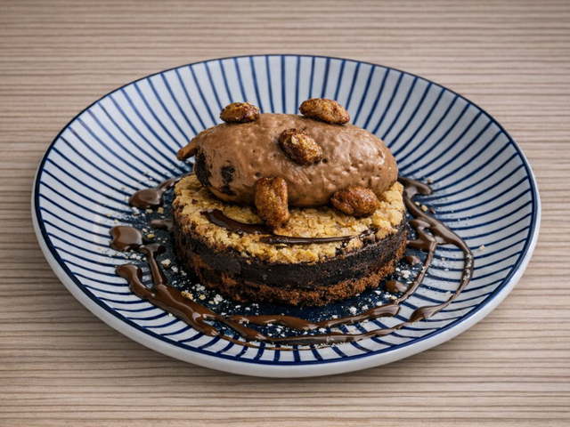 Les Saisons Biscuits brownies, croustillant cacahuètes, ganache montée au chocolat au lait, sauce cacao Brownie biscuits, peanut crunch, whipped milk‑chocolate ganache, cocoa sauce