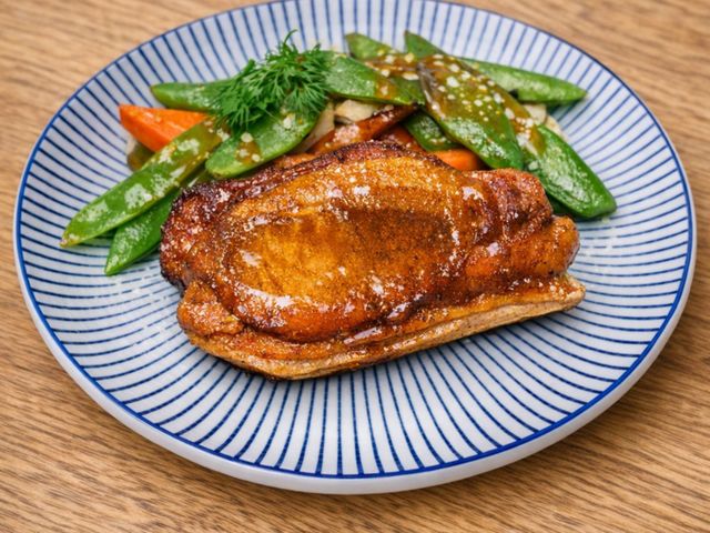 Les Saisons Côte de porc, carottes, pois gourmands, oignons nouveaux, jus de viande et lard croustillant Pork chop, carrots, sugar snap peas, spring onions, meat jus and crispy bacon