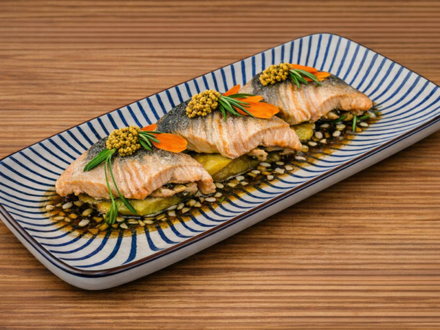 Les Saisons Hareng à l'huile, gâteau de pomme de terre, gel de pommes Granny et moutarde Herring in oil, potato cake, Granny Smith apple gel and mustard