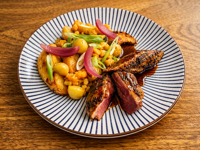 Les Saisons Magret rôti et fumé, melon grillé, jus corsé — Smoked & roasted duck breast, grilled melon, rich jus