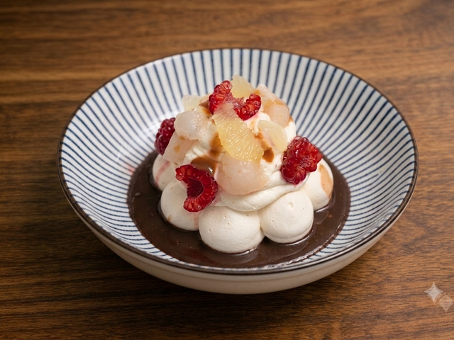 Les Saisons Pavlova litchi‑framboises, crème légère vanille, citron vert — Lychee‑raspberry pavlova, light vanilla cream, lime