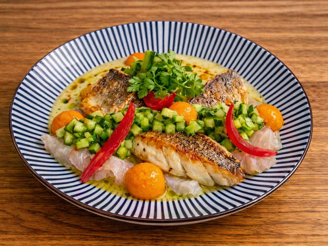 Les Saisons Pêche du moment, concombre en textures, coulis passion pimenté — Catch of the day, cucumber textures, spicy passion fruit coulis