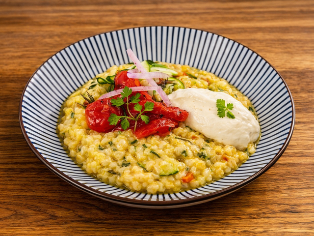Les Saisons Risotto tomates & citron confit, courgettes, crème de feta, roquette — Tomato & preserved lemon risotto, courgettes, feta cream, rocket