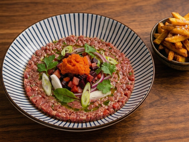 Les Saisons Tartare de bœuf, tomates & fraises, granité moutarde, frites épicées — Beef tartare, tomatoes & strawberries, mustard granita, spiced fries