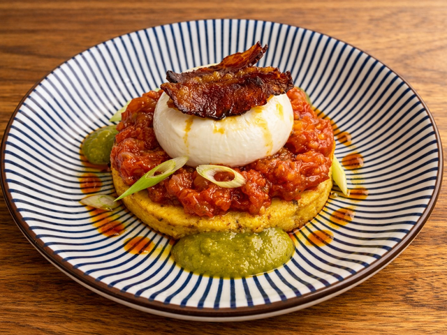Les Saisons Tatin de tomates, burrata, jambon speck, gel de concombre — Tomato tarte tatin, burrata, speck ham, cucumber gel
