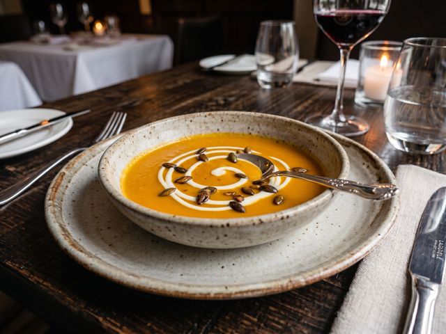 Les Saisons Velouté de carottes rôties — Crème de chèvre et graines de courge caramélisées